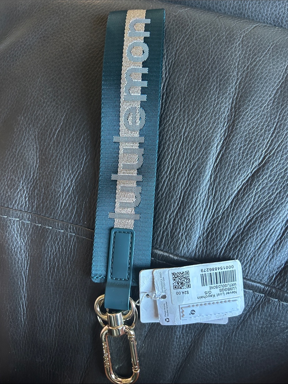 lululemon athletica Warp Teal and Cream Logo Never Lost Keychain w/Gold Hardware